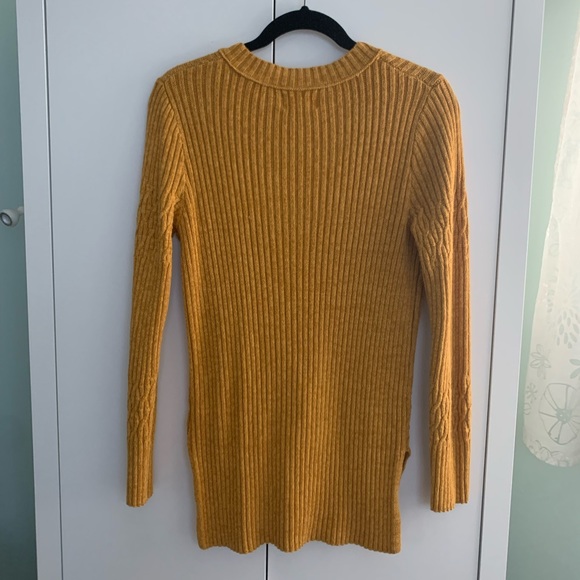 UEC Mustard Yellow V- Neck Cable Sweater - Picture 2 of 3